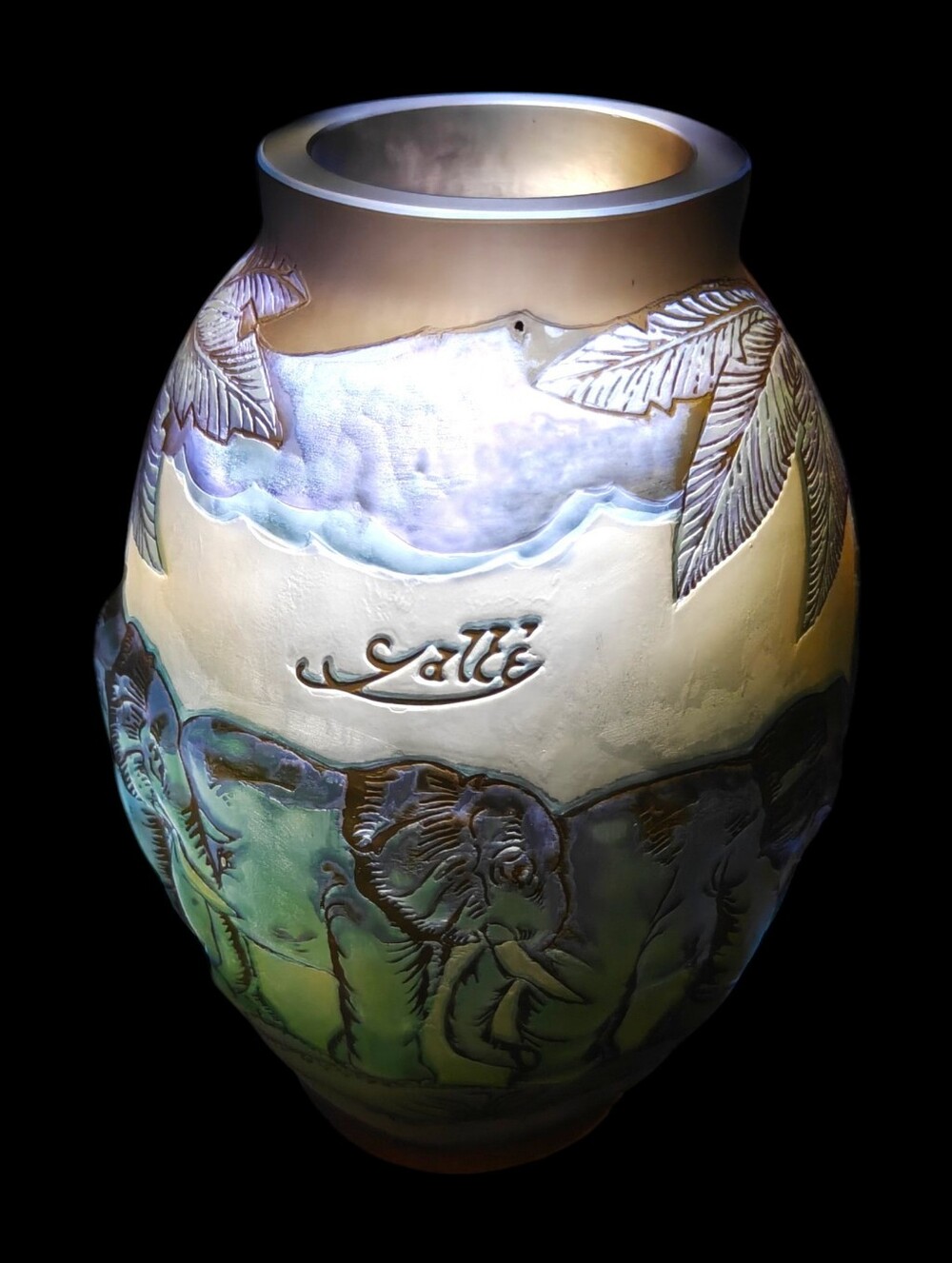 Art Nouveau Acid Etched Elephant Landscape Cameo Vase After Emile Gallé